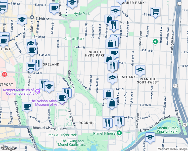 map of restaurants, bars, coffee shops, grocery stores, and more near 4234 Campbell Street in Kansas City