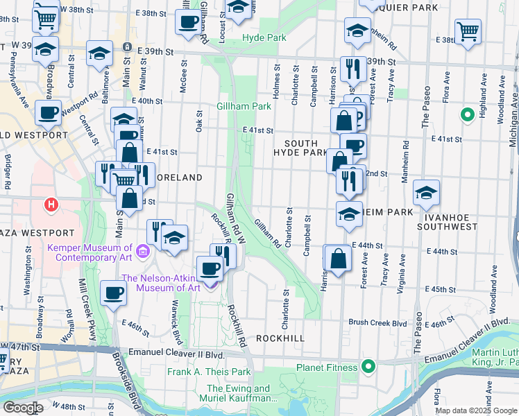 map of restaurants, bars, coffee shops, grocery stores, and more near 4237 Kenwood Avenue in Kansas City