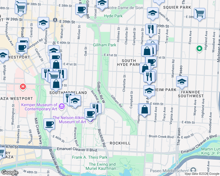 map of restaurants, bars, coffee shops, grocery stores, and more near 4237 Kenwood Avenue in Kansas City