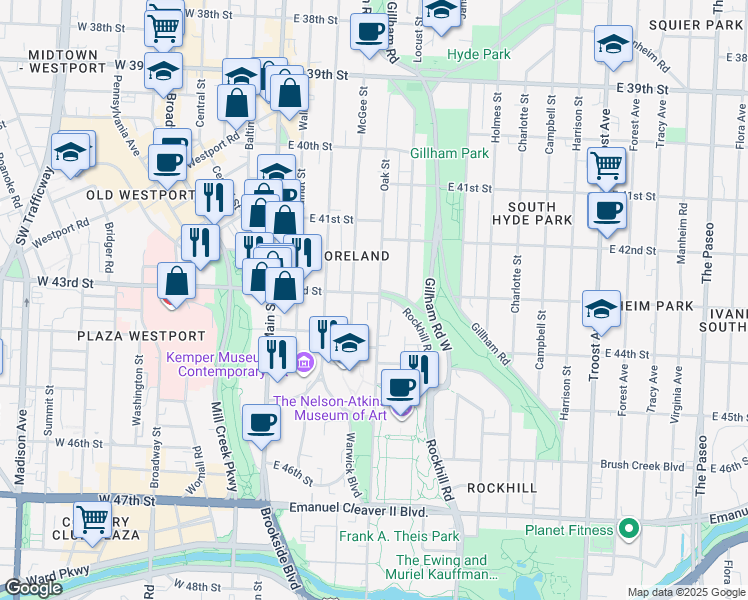 map of restaurants, bars, coffee shops, grocery stores, and more near 304 43rd Street in Kansas City