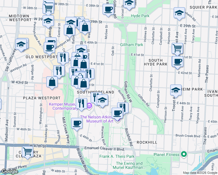 map of restaurants, bars, coffee shops, grocery stores, and more near 304 43rd Street in Kansas City