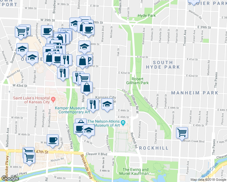 map of restaurants, bars, coffee shops, grocery stores, and more near 304 43rd Street in Kansas City