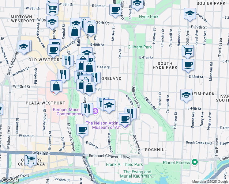 map of restaurants, bars, coffee shops, grocery stores, and more near 304 43rd Street in Kansas City