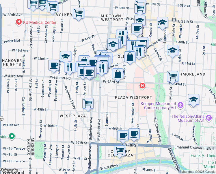 map of restaurants, bars, coffee shops, grocery stores, and more near 760 West 43rd Street in Kansas City