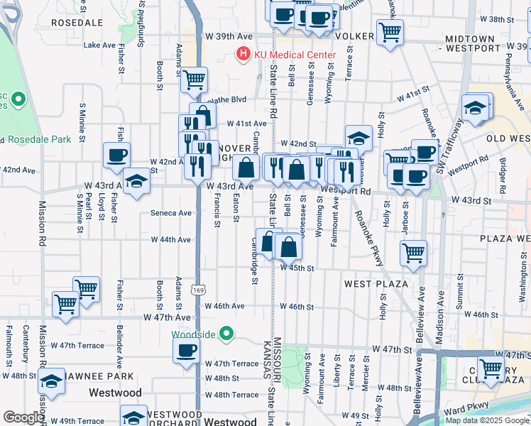 map of restaurants, bars, coffee shops, grocery stores, and more near 1901 West 43rd Place in Kansas City