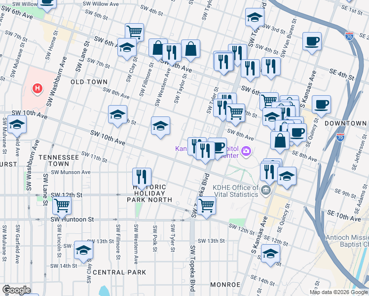 map of restaurants, bars, coffee shops, grocery stores, and more near 623 Southwest 9th Street in Topeka