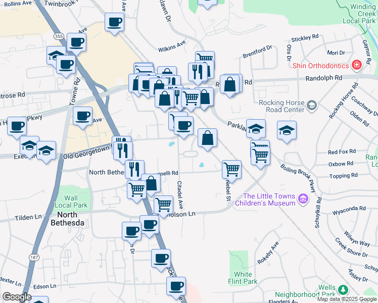 map of restaurants, bars, coffee shops, grocery stores, and more near McGrath Boulevard in North Bethesda