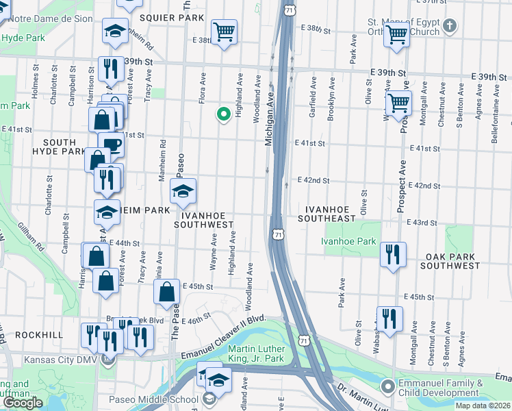 map of restaurants, bars, coffee shops, grocery stores, and more near 4211 Woodland Avenue in Kansas City