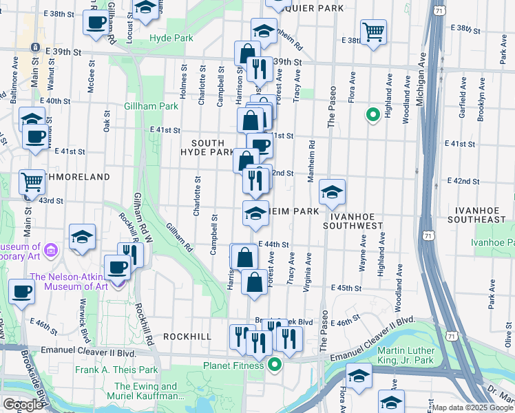 map of restaurants, bars, coffee shops, grocery stores, and more near 4229 Troost Avenue in Kansas City