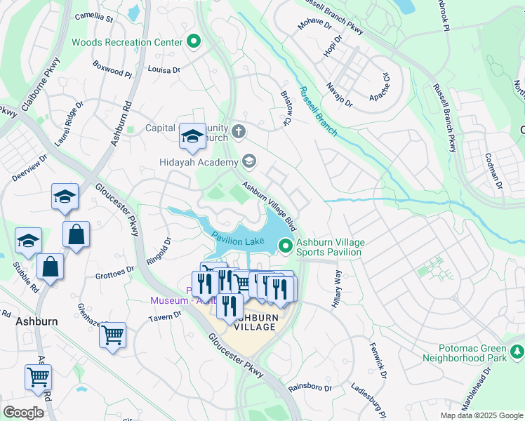 map of restaurants, bars, coffee shops, grocery stores, and more near 44181 Paget Terrace in Ashburn