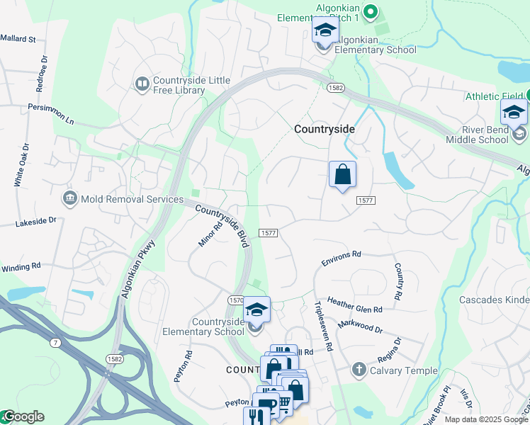 map of restaurants, bars, coffee shops, grocery stores, and more near 19 Devenshire Court in Sterling