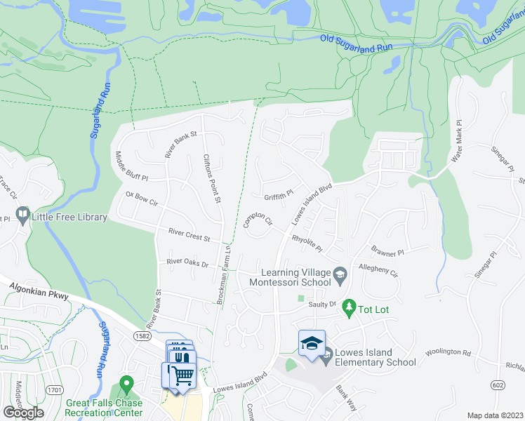 map of restaurants, bars, coffee shops, grocery stores, and more near 47572 Compton Circle in Sterling