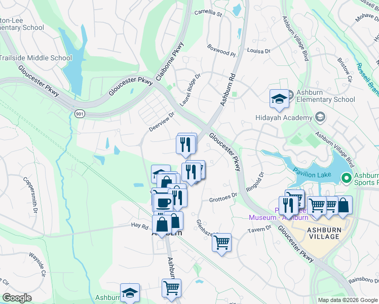 map of restaurants, bars, coffee shops, grocery stores, and more near 20679 Ashburn Road in Ashburn