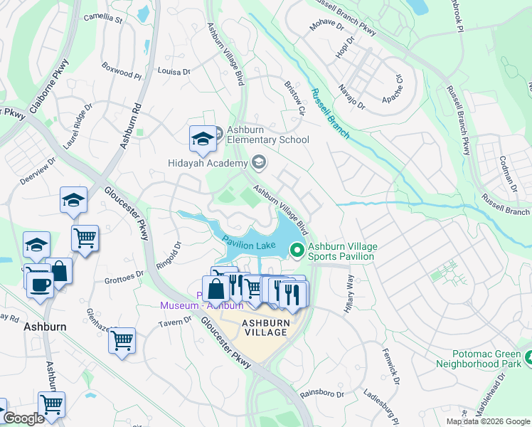 map of restaurants, bars, coffee shops, grocery stores, and more near 44166 Paget Terrace in Ashburn