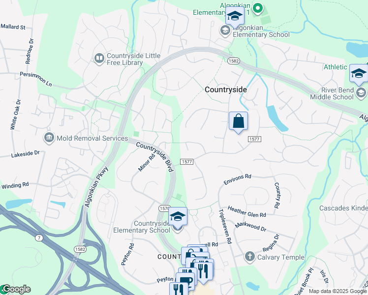 map of restaurants, bars, coffee shops, grocery stores, and more near 19 Devenshire Court in Sterling