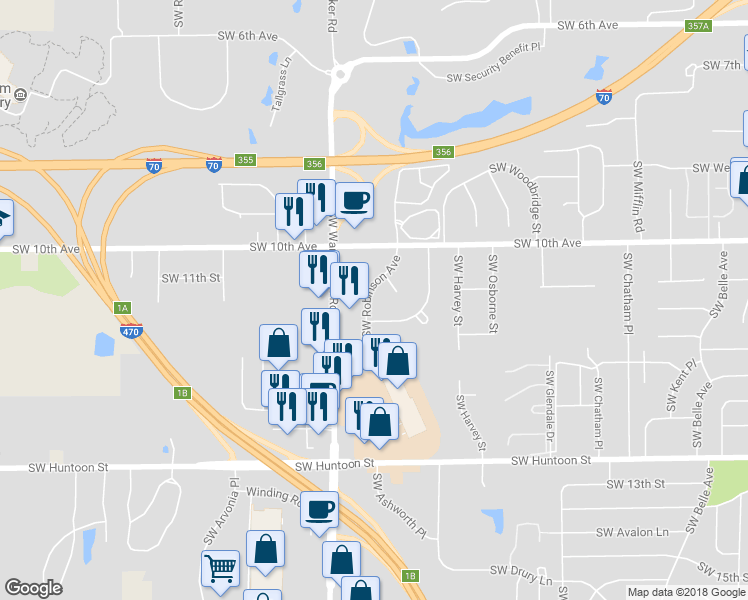 map of restaurants, bars, coffee shops, grocery stores, and more near 1062 Southwest Robinson Avenue in Topeka
