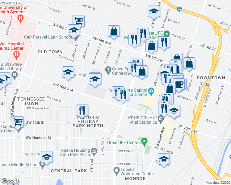 map of restaurants, bars, coffee shops, grocery stores, and more near 901 Southwest Tyler Street in Topeka