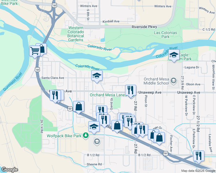 map of restaurants, bars, coffee shops, grocery stores, and more near 1146 Micaelas Court in Grand Junction