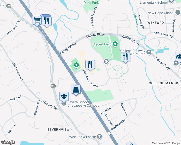 map of restaurants, bars, coffee shops, grocery stores, and more near 101 College Parkway in Arnold