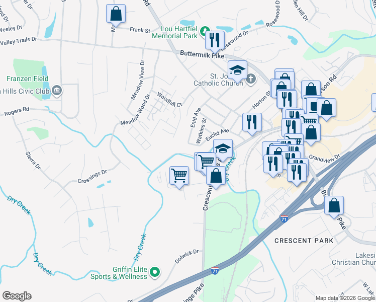 map of restaurants, bars, coffee shops, grocery stores, and more near 2554 Enid Avenue in Crescent Springs