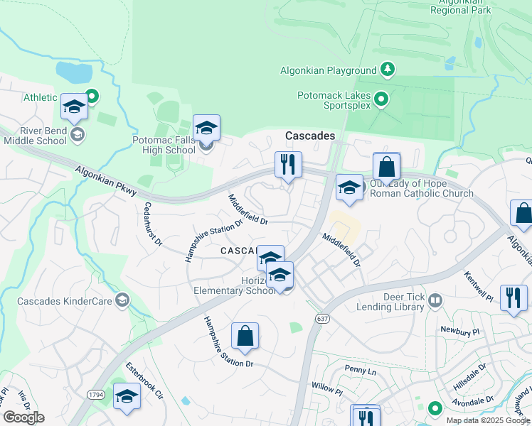 map of restaurants, bars, coffee shops, grocery stores, and more near 46614 Drysdale Terrace in Sterling