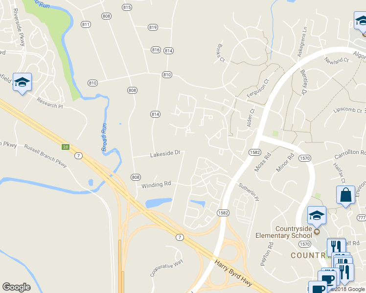 map of restaurants, bars, coffee shops, grocery stores, and more near 45494 Lakeside Drive in Sterling