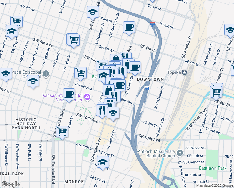 map of restaurants, bars, coffee shops, grocery stores, and more near 725 South Kansas Avenue in Topeka