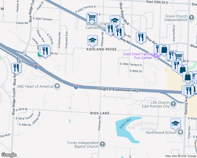 map of restaurants, bars, coffee shops, grocery stores, and more near 4012 Pittman Road in Kansas City