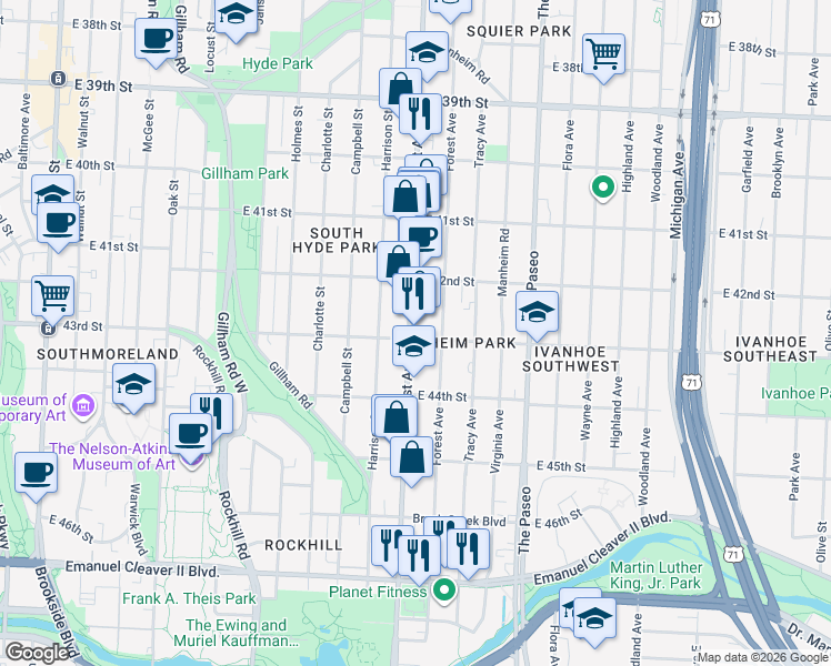 map of restaurants, bars, coffee shops, grocery stores, and more near 4229 Troost Avenue in Kansas City