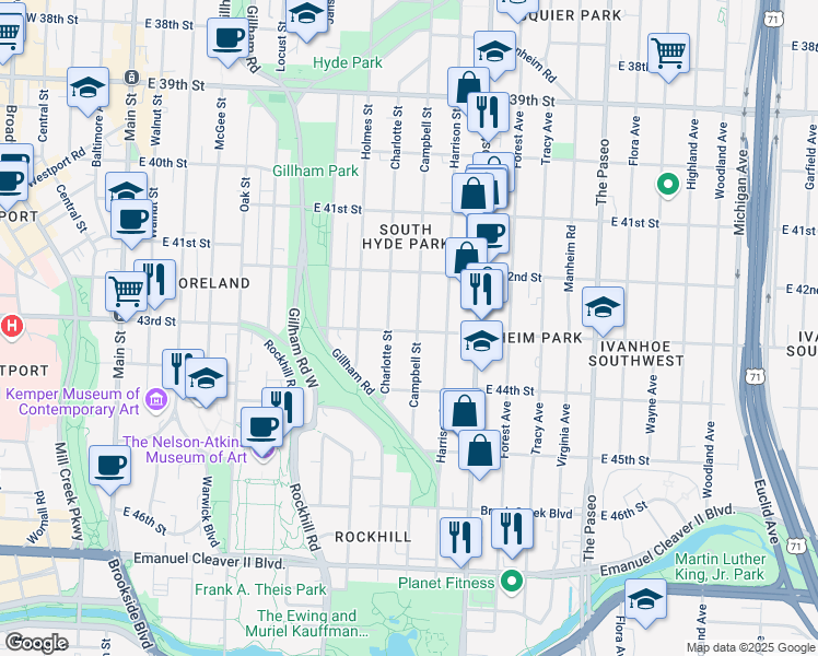 map of restaurants, bars, coffee shops, grocery stores, and more near 4234 Campbell Street in Kansas City