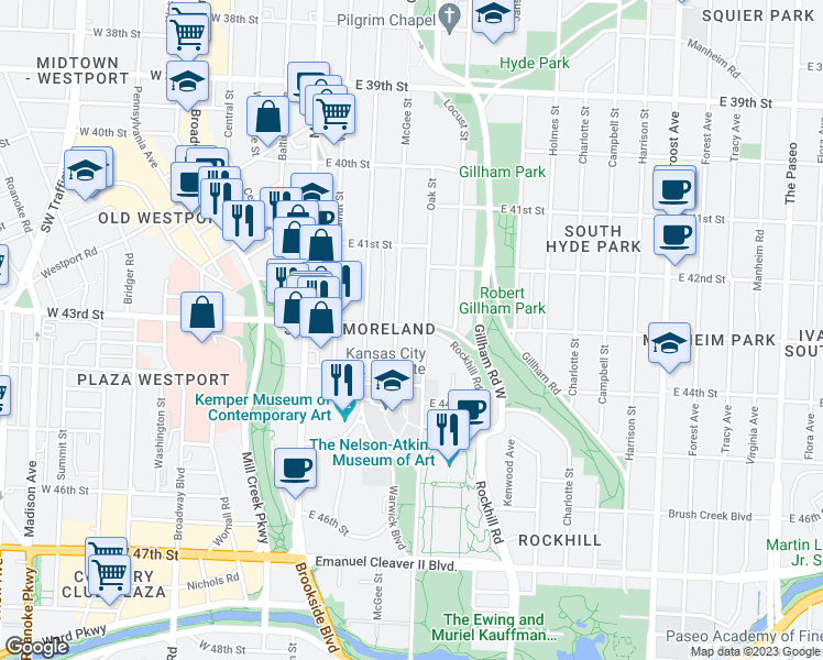 map of restaurants, bars, coffee shops, grocery stores, and more near 304 43rd Street in Kansas City