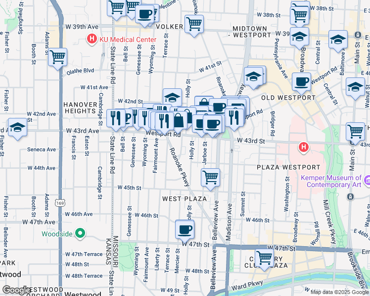 map of restaurants, bars, coffee shops, grocery stores, and more near 4308 Holly Street in Kansas City