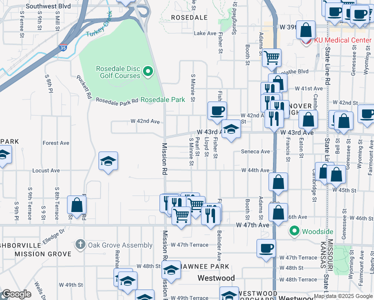 map of restaurants, bars, coffee shops, grocery stores, and more near 2914 Seneca Avenue in Kansas City