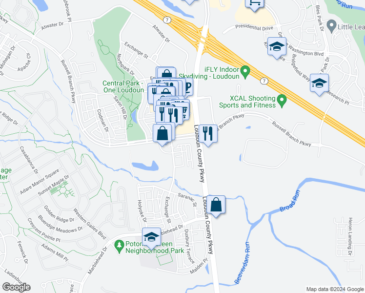 map of restaurants, bars, coffee shops, grocery stores, and more near 20489 Milbridge Terrace in Ashburn