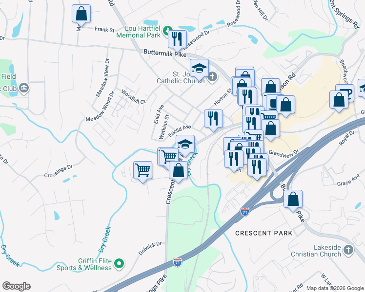 map of restaurants, bars, coffee shops, grocery stores, and more near 2638 Crescent Springs Pike in Crescent Springs