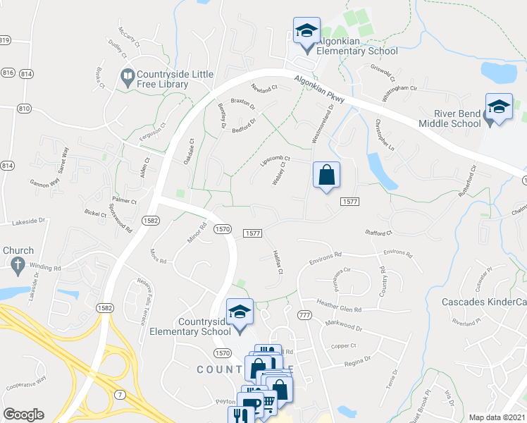 map of restaurants, bars, coffee shops, grocery stores, and more near 11 Devenshire Court in Sterling