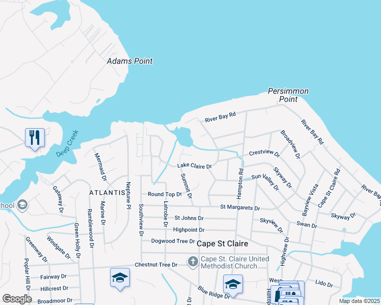 map of restaurants, bars, coffee shops, grocery stores, and more near 1004 Lakeview Lane in Annapolis