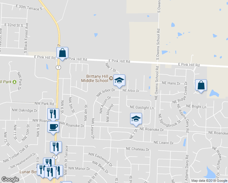 map of restaurants, bars, coffee shops, grocery stores, and more near 200 Northwest Arbor Drive in Blue Springs