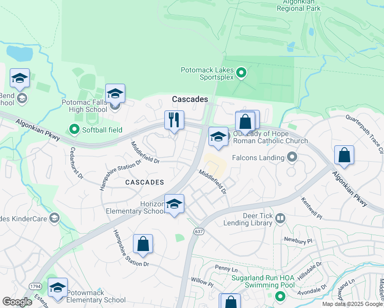map of restaurants, bars, coffee shops, grocery stores, and more near 46687 Cavendish Square in Sterling