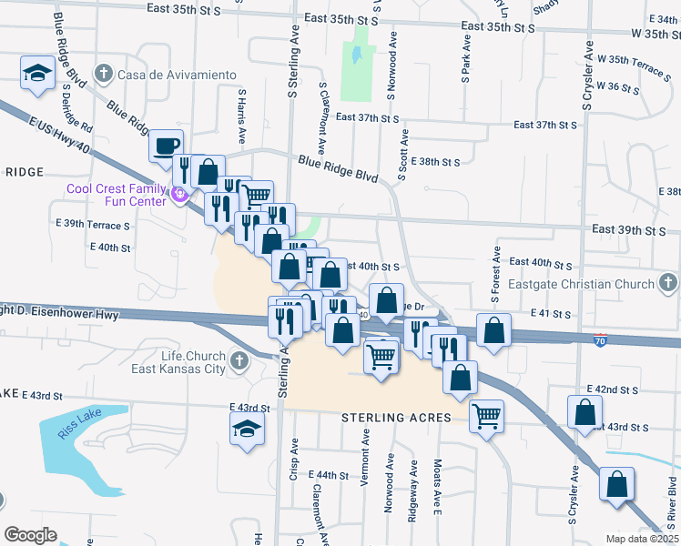 map of restaurants, bars, coffee shops, grocery stores, and more near 11308 Highridge Drive in Independence