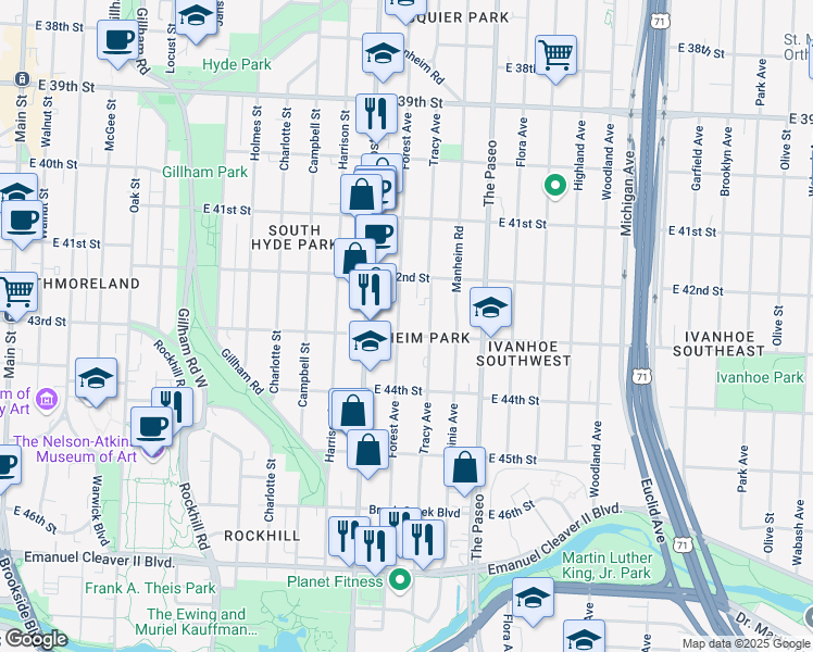 map of restaurants, bars, coffee shops, grocery stores, and more near 4243 Forest Avenue in Kansas City