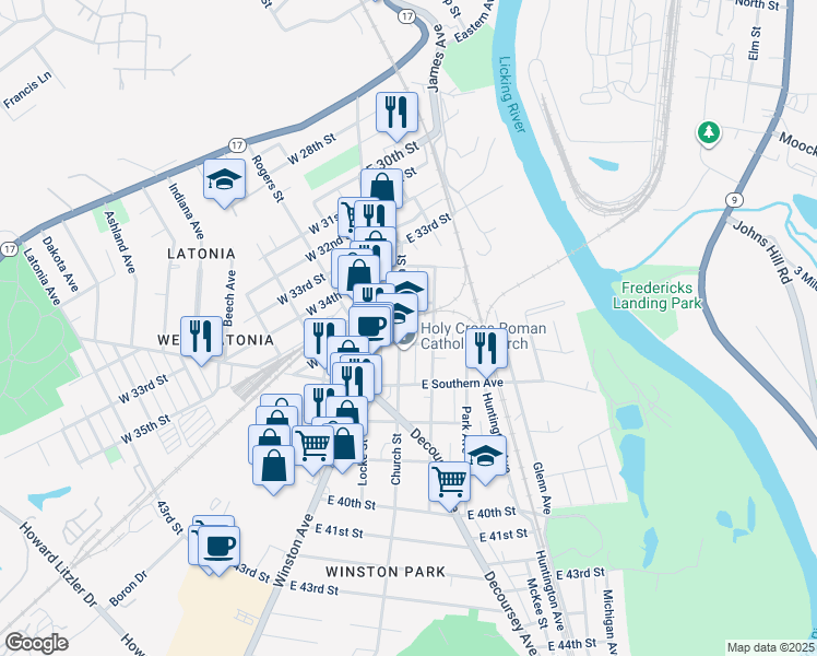 map of restaurants, bars, coffee shops, grocery stores, and more near 3617 Church Street in Covington