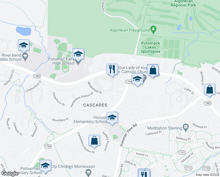 map of restaurants, bars, coffee shops, grocery stores, and more near 46622 Drysdale Terrace in Sterling