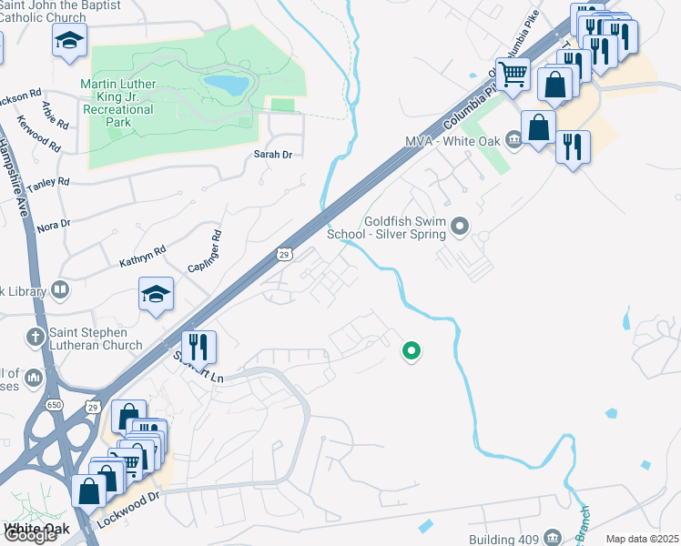 map of restaurants, bars, coffee shops, grocery stores, and more near 11762 Carriage House Drive in Silver Spring