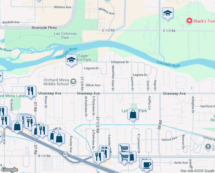 map of restaurants, bars, coffee shops, grocery stores, and more near 2758 Unaweep Avenue in Grand Junction