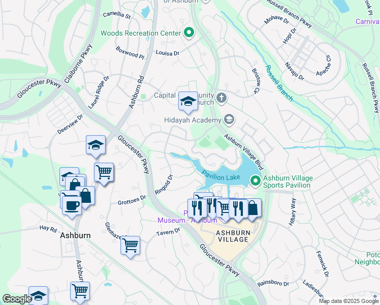 map of restaurants, bars, coffee shops, grocery stores, and more near 44003 Florence Terrace in Ashburn
