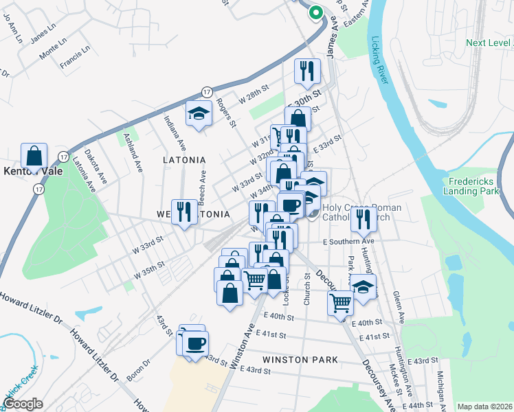 map of restaurants, bars, coffee shops, grocery stores, and more near 125 West 34th Street in Covington
