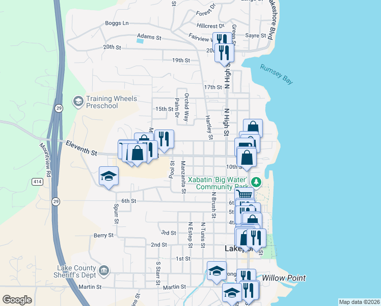 map of restaurants, bars, coffee shops, grocery stores, and more near 670 Eleventh Street in Lakeport