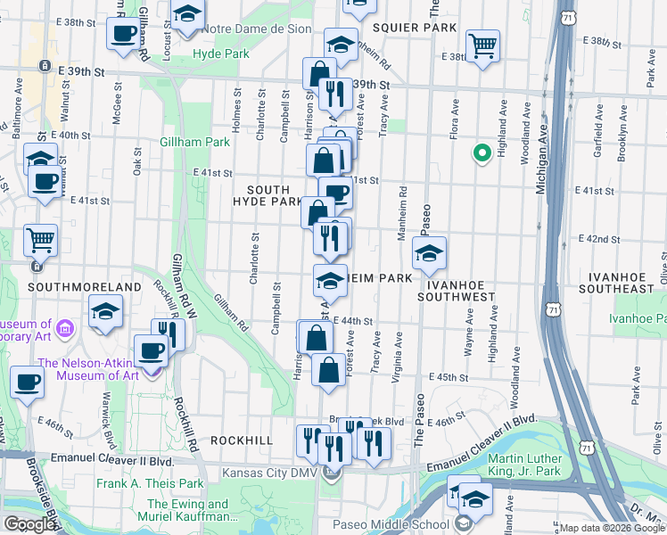 map of restaurants, bars, coffee shops, grocery stores, and more near 4241 Troost Avenue in Kansas City