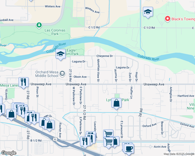 map of restaurants, bars, coffee shops, grocery stores, and more near 2758 Unaweep Avenue in Grand Junction